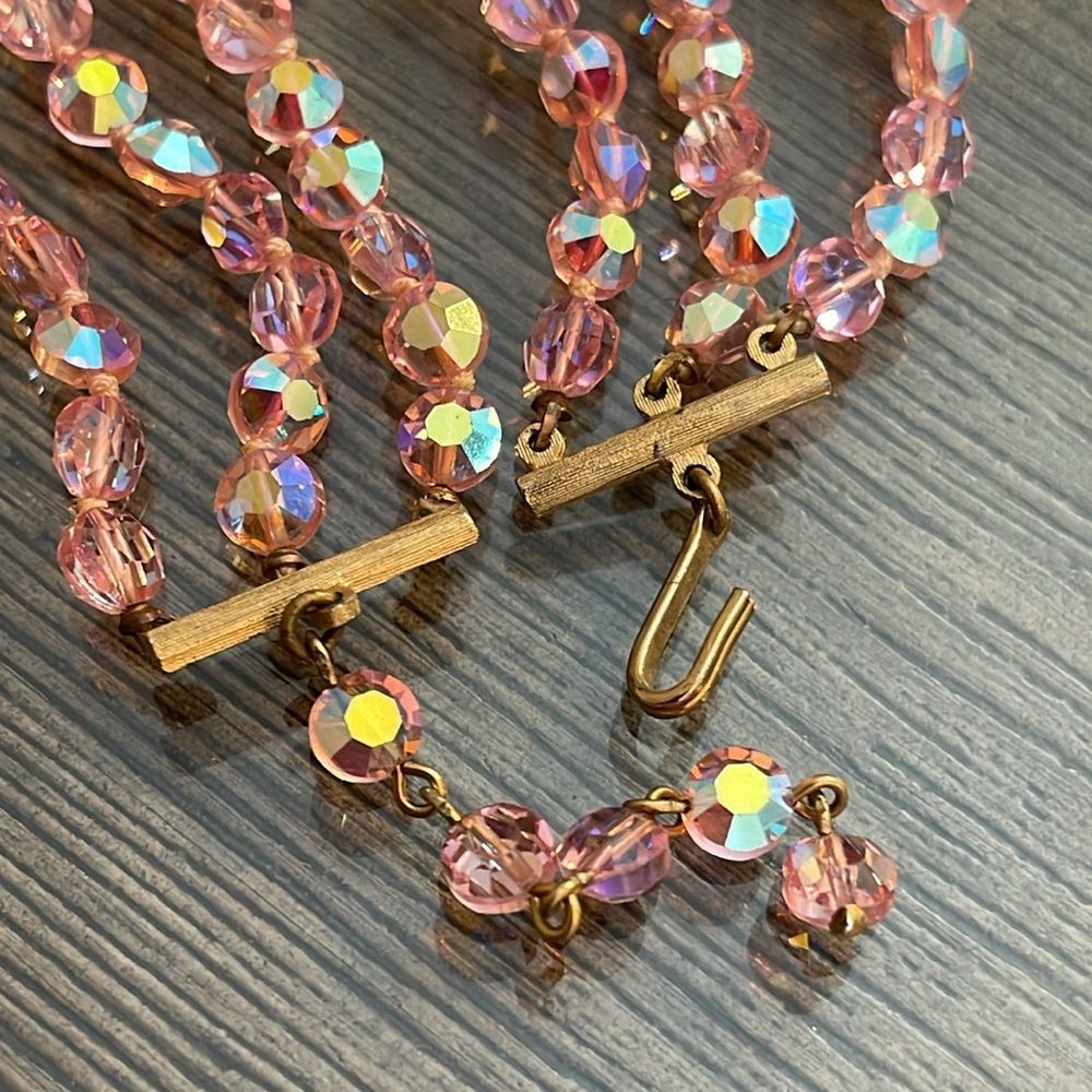 Vintage Three Strand Pink AB Crystal Necklace - Choker - Picture 4 of 16